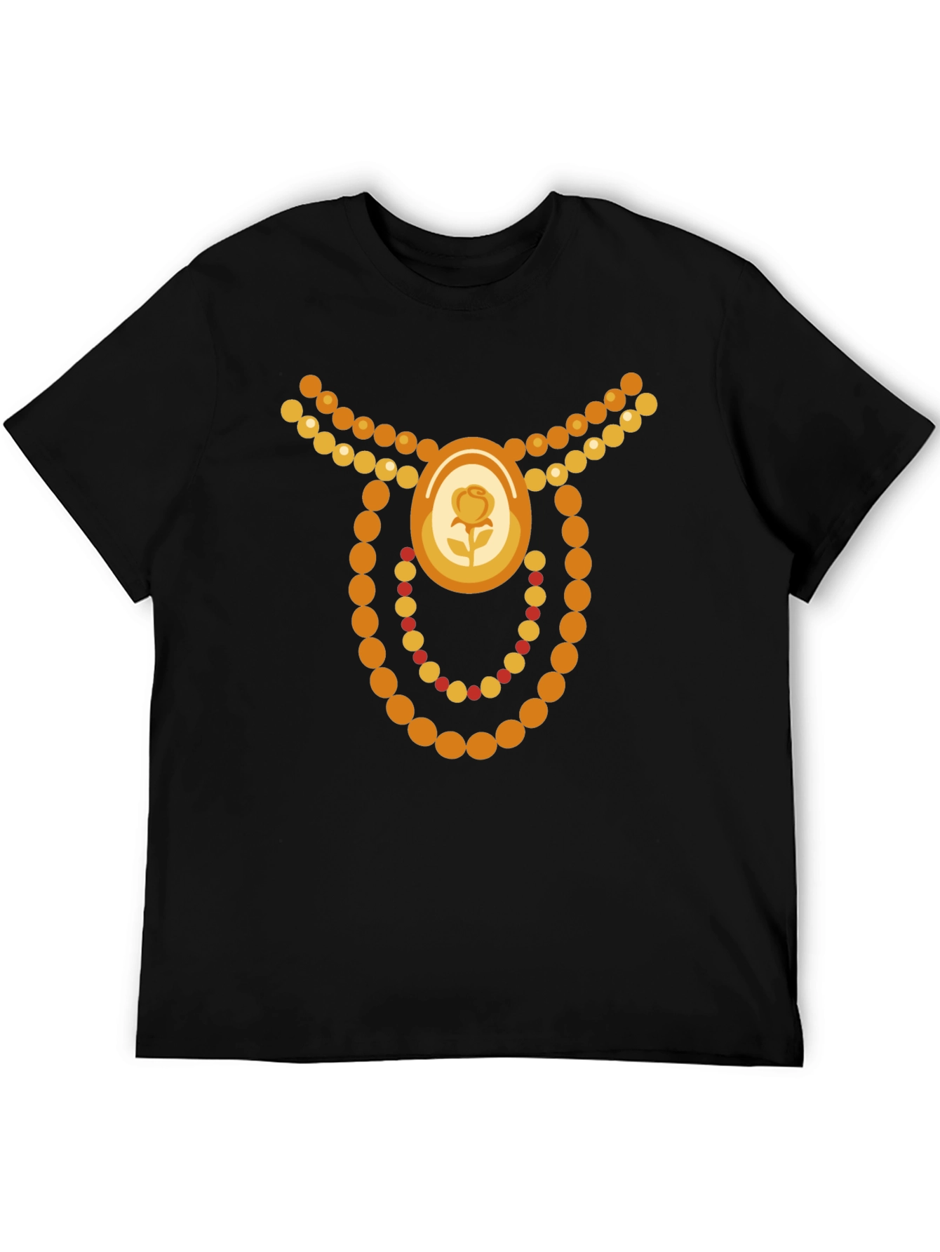 Novelty Jewel Rose Bead Necklace Graphic Black T-Shirt