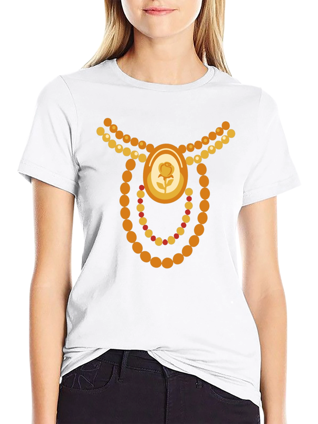 Novelty Jewel Rose Bead Necklace Graphic Black T-Shirt