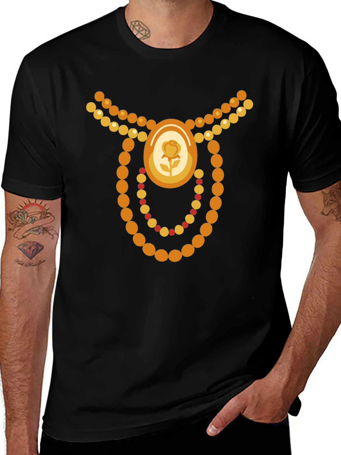 Novelty Jewel Rose Bead Necklace Graphic Black T-Shirt