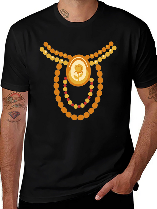 Novelty Jewel Rose Bead Necklace Graphic Black T-Shirt