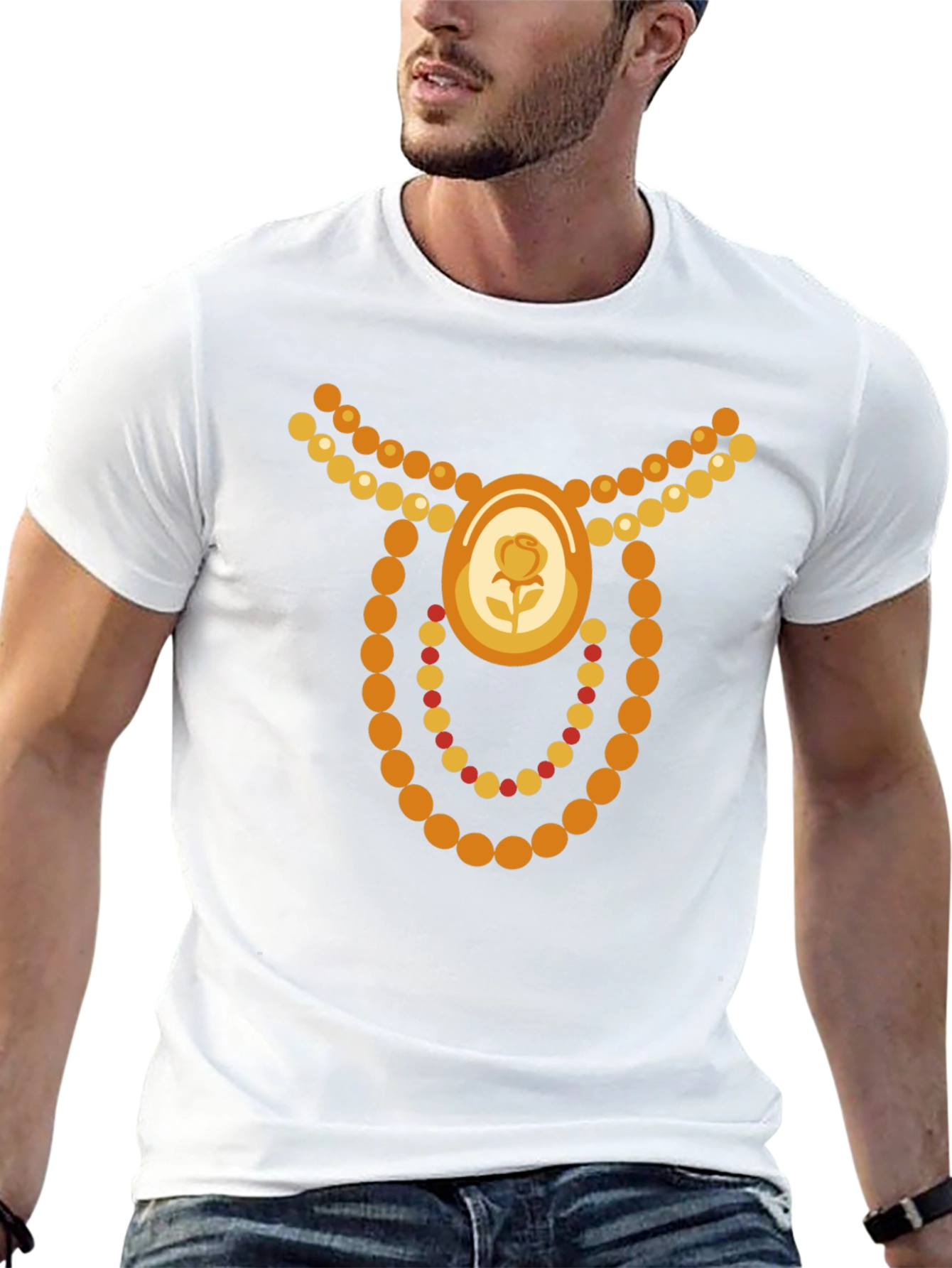 Novelty Jewel Rose Bead Necklace Graphic Black T-Shirt