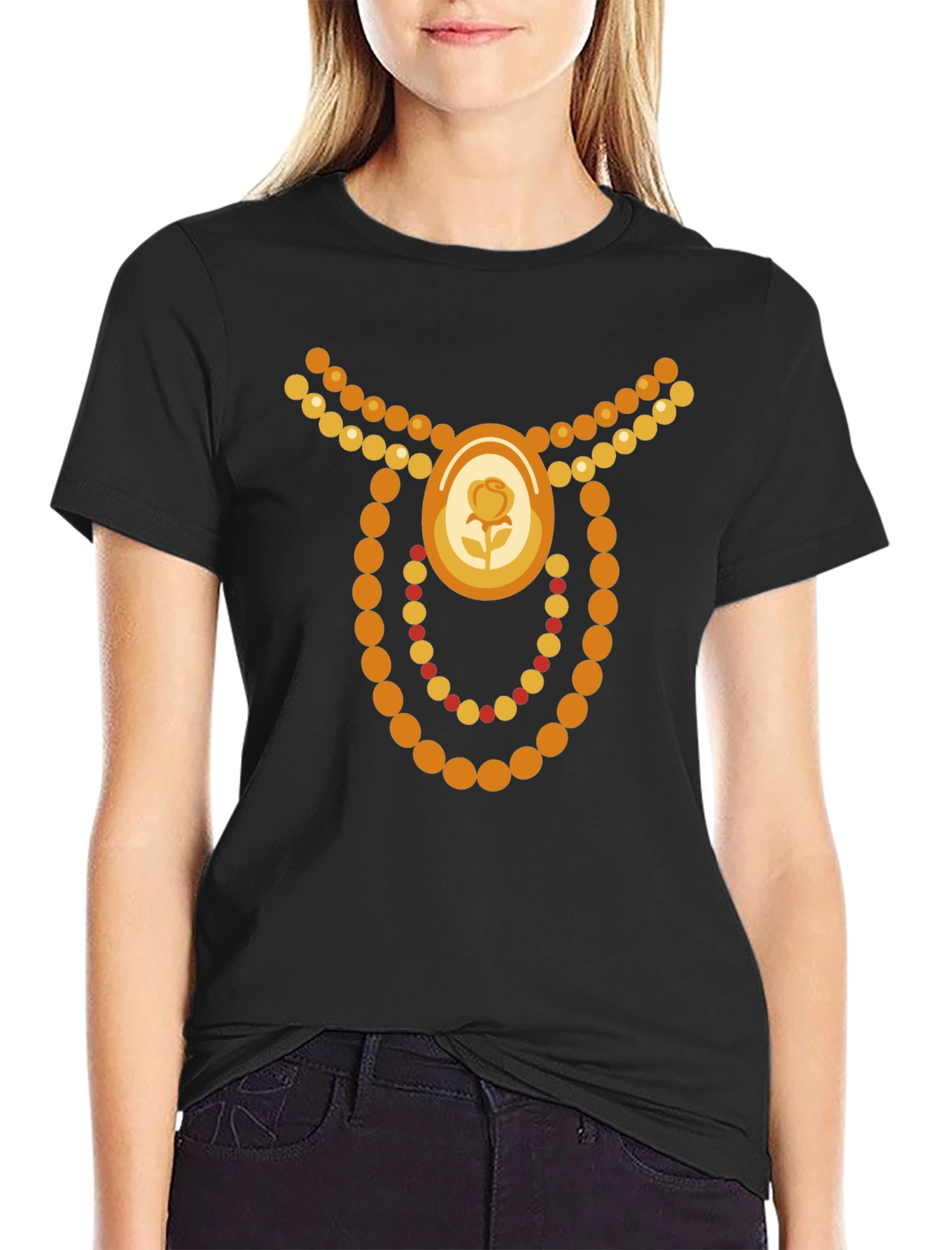 Novelty Jewel Rose Bead Necklace Graphic Black T-Shirt