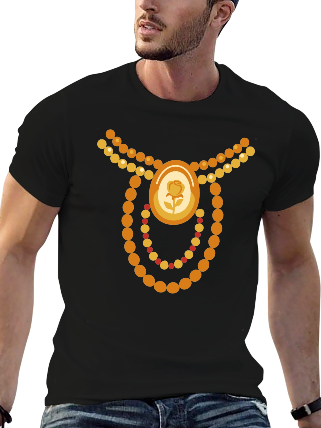 Novelty Jewel Rose Bead Necklace Graphic Black T-Shirt