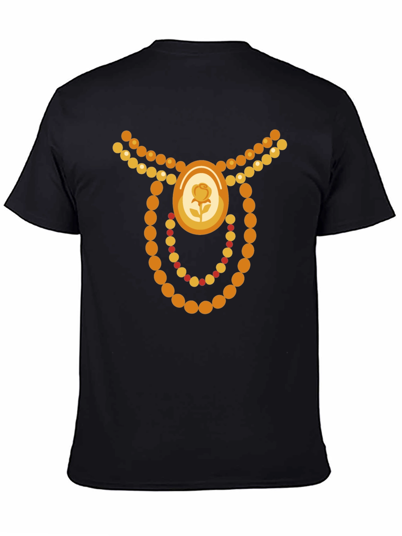 Novelty Jewel Rose Bead Necklace Graphic Black T-Shirt