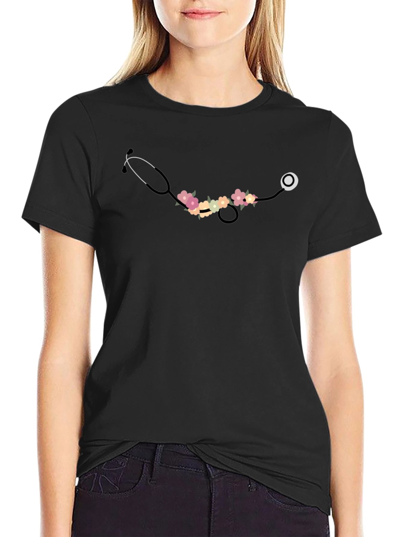 Floral Stethoscope Graphic T-Shirt