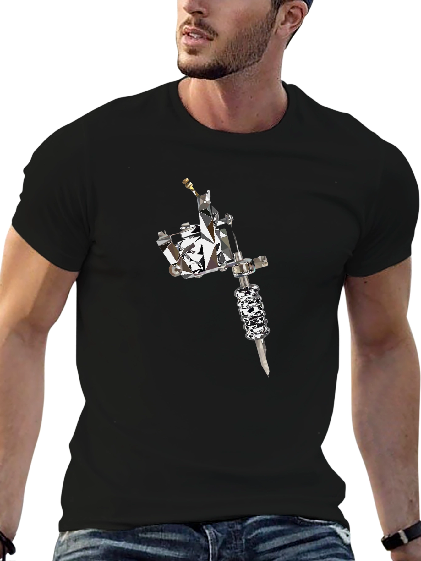 Mens Black Tee with Geometric Tattoo Machine Graphic