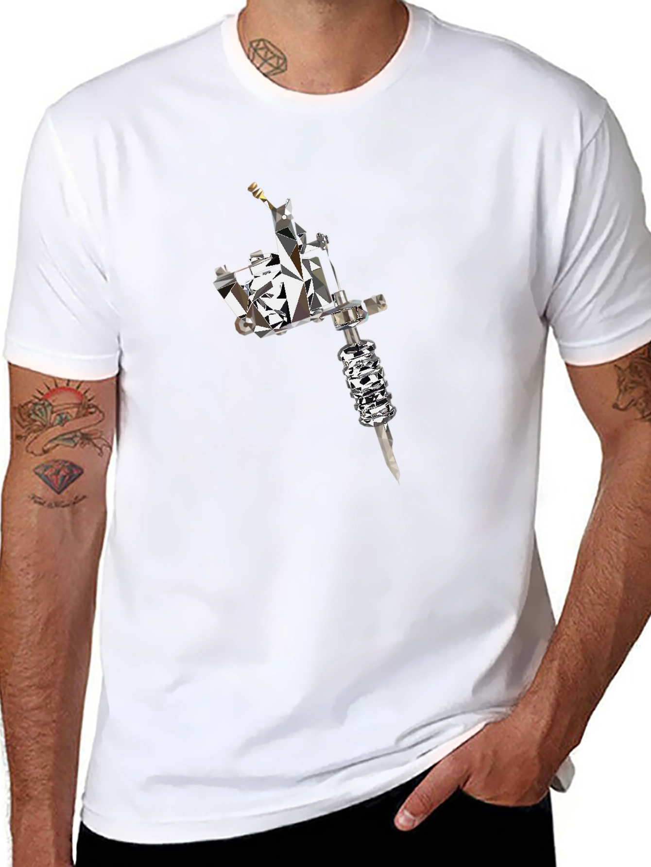 Mens Black Tee with Geometric Tattoo Machine Graphic