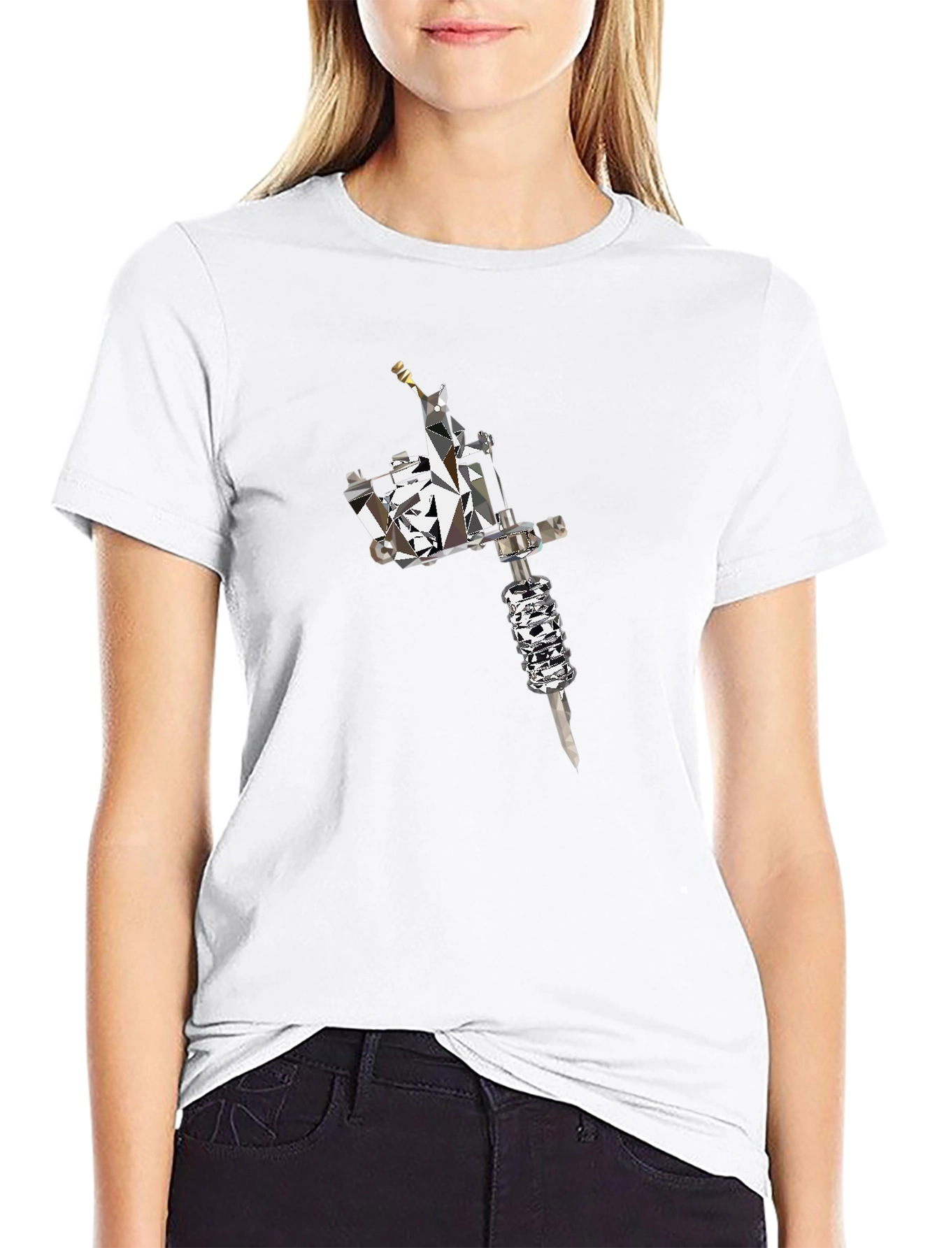 Mens Black Tee with Geometric Tattoo Machine Graphic