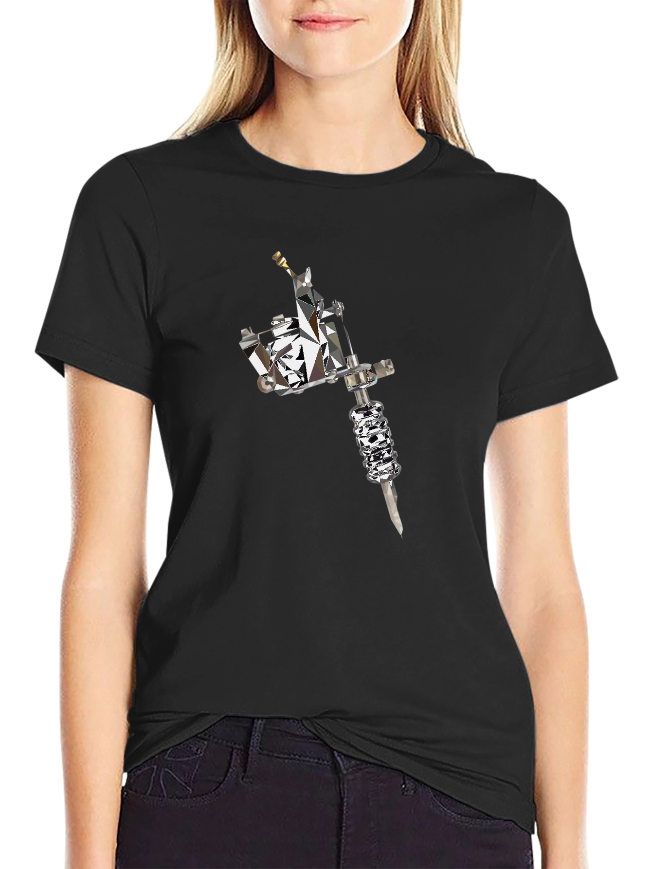 Mens Black Tee with Geometric Tattoo Machine Graphic