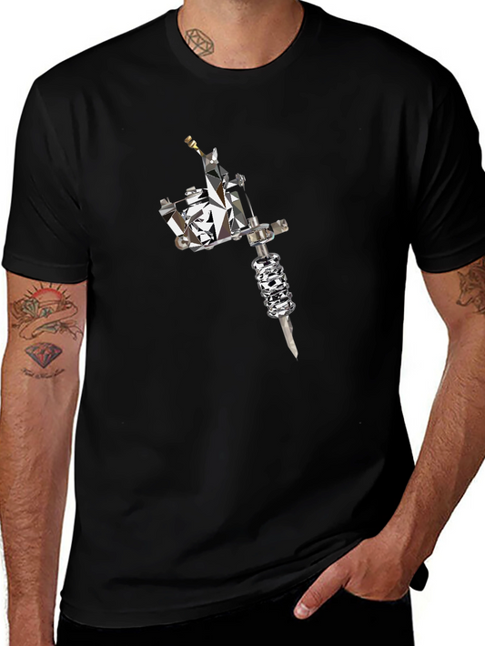 Mens Black Tee with Geometric Tattoo Machine Graphic