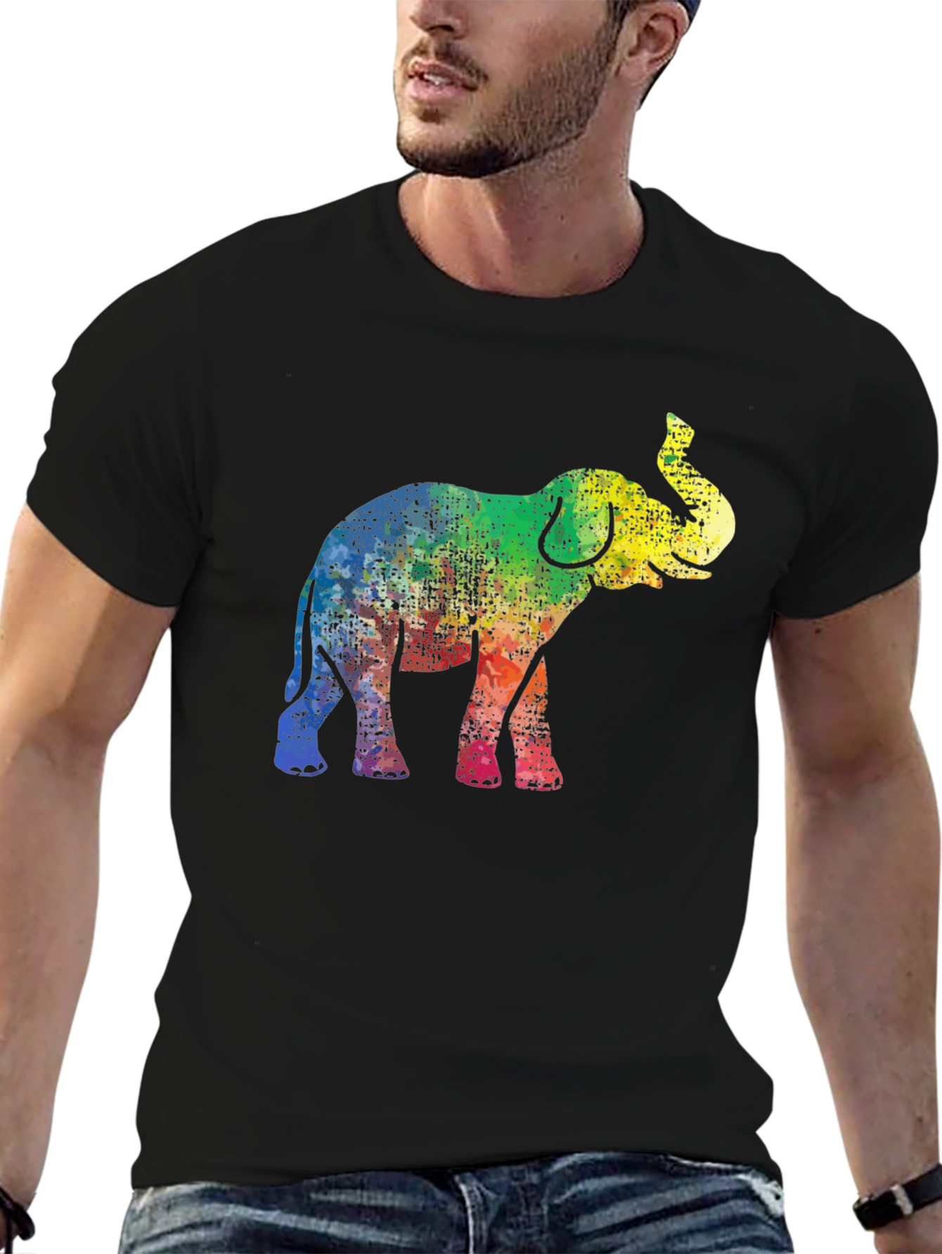Rainbow Elephant Graphic Tee - Black Cotton T-Shirt