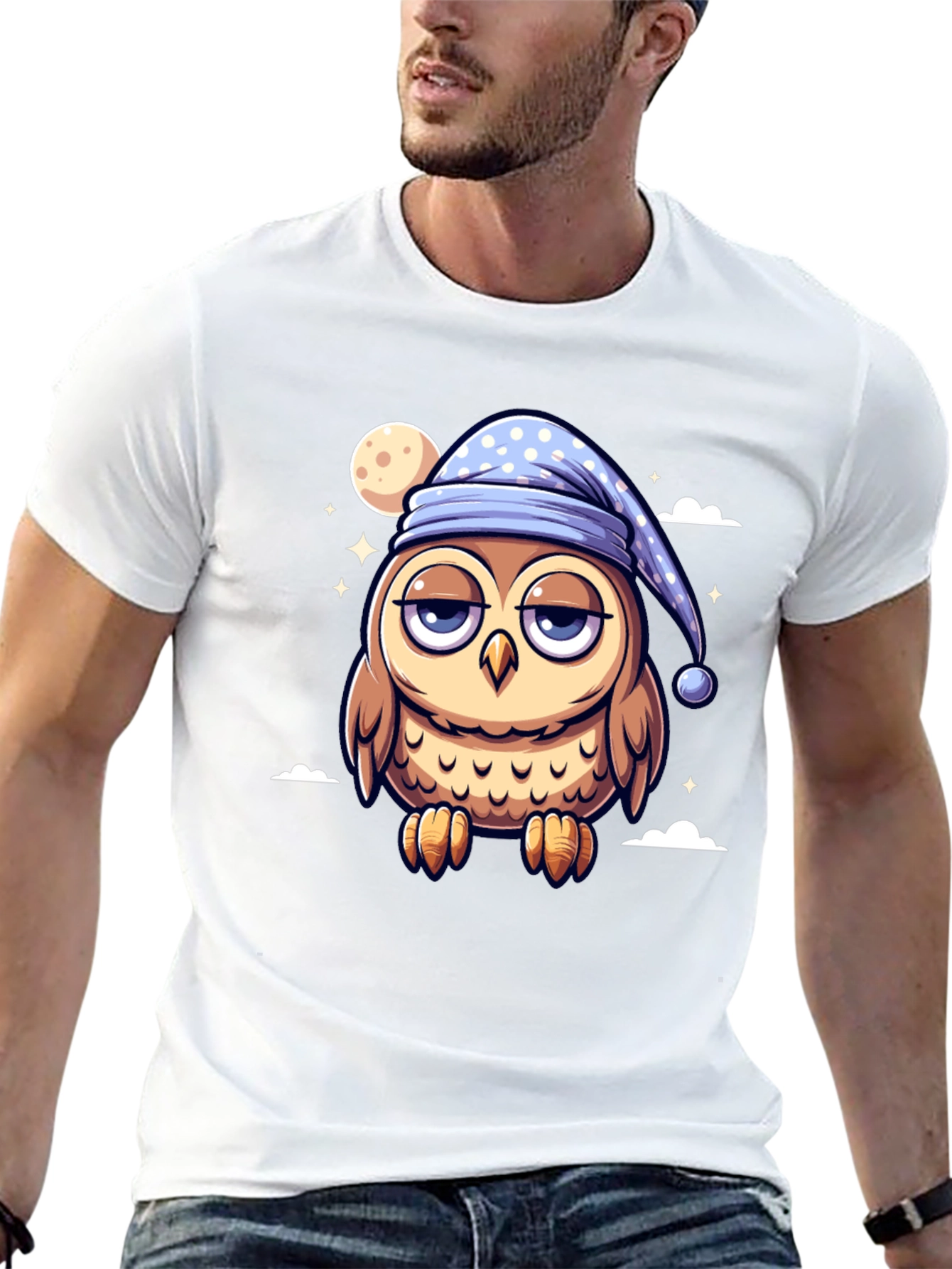 Sleepy Owl Cartoon Black T-Shirt