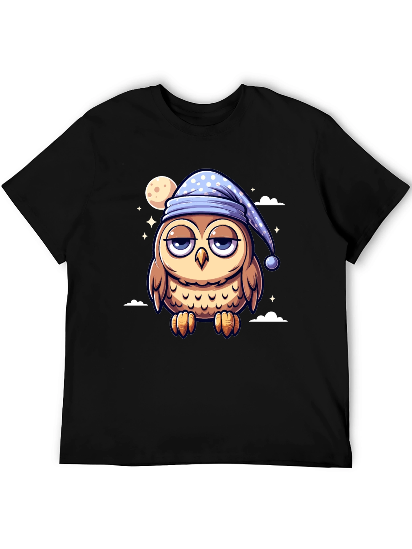 Sleepy Owl Cartoon Black T-Shirt