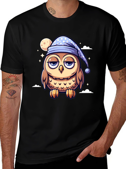 Sleepy Owl Cartoon Black T-Shirt