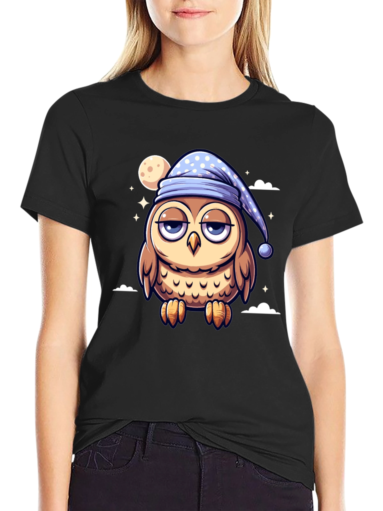 Sleepy Owl Cartoon Black T-Shirt