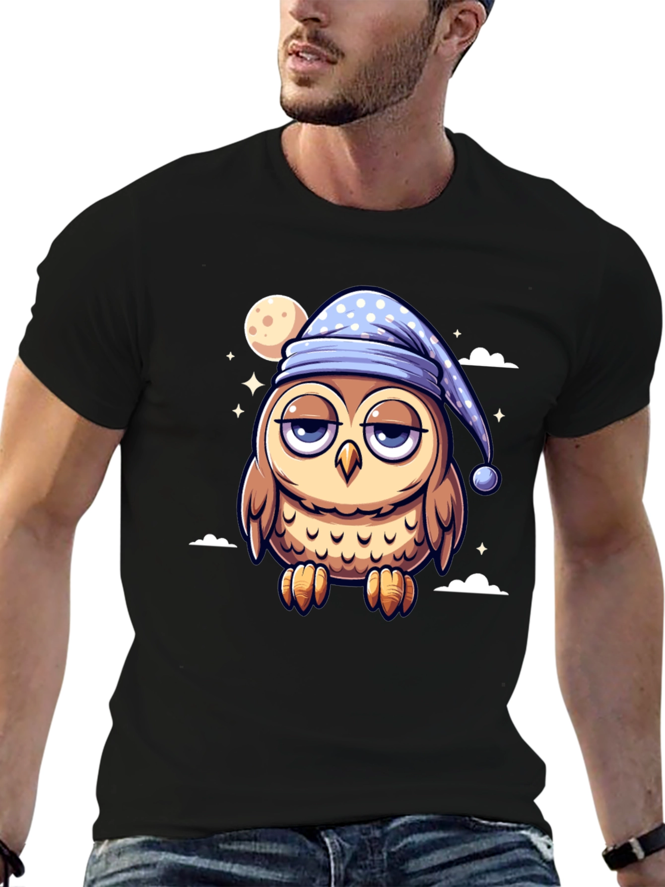 Sleepy Owl Cartoon Black T-Shirt