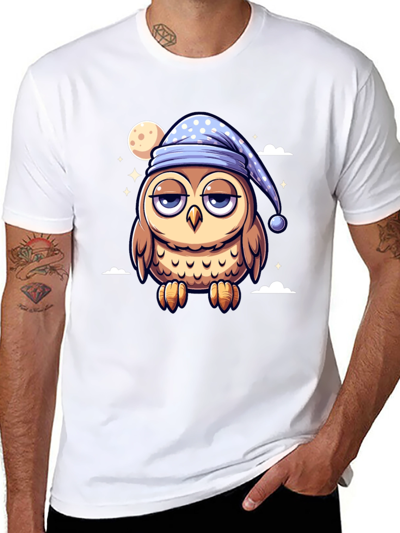 Sleepy Owl Cartoon Black T-Shirt