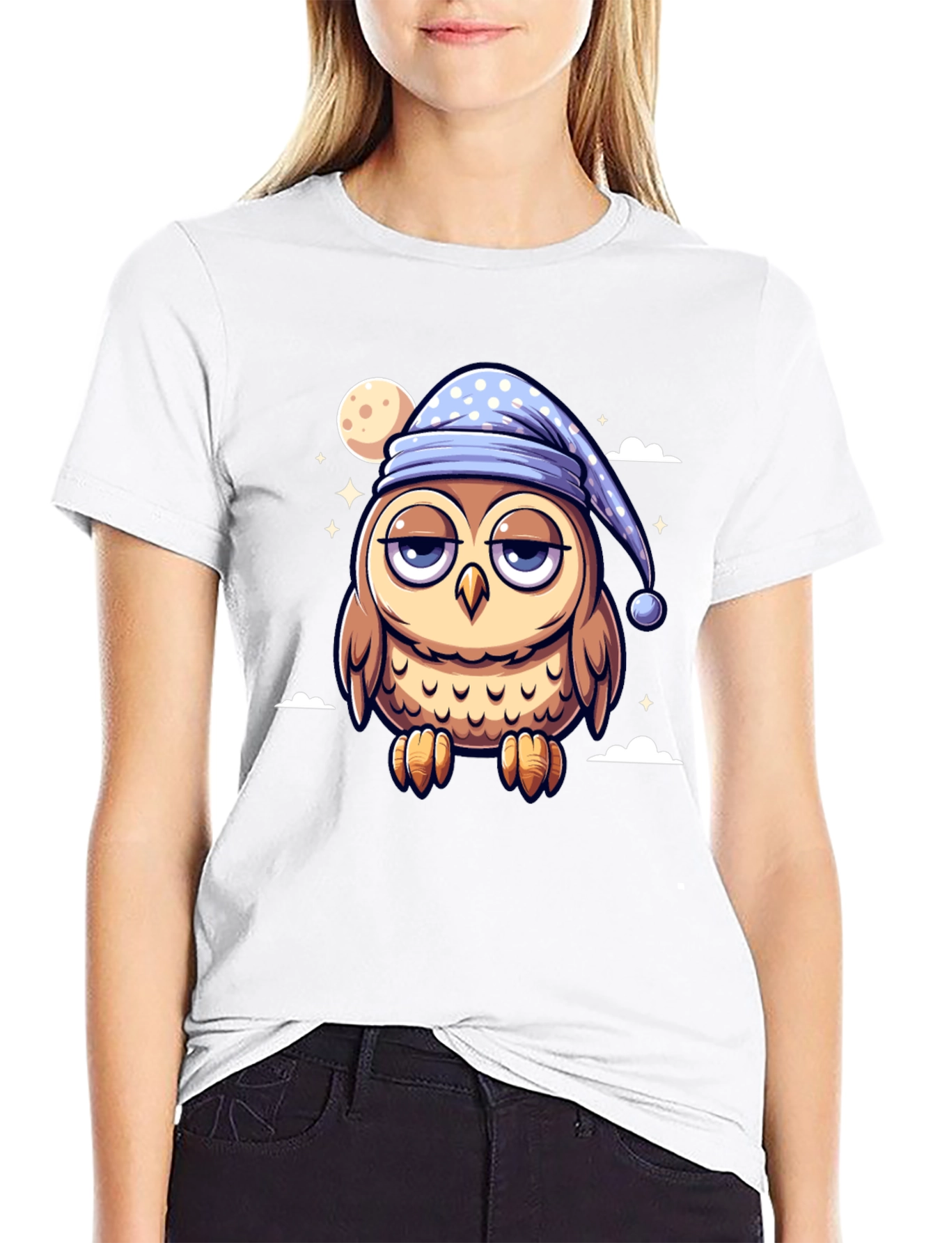 Sleepy Owl Cartoon Black T-Shirt