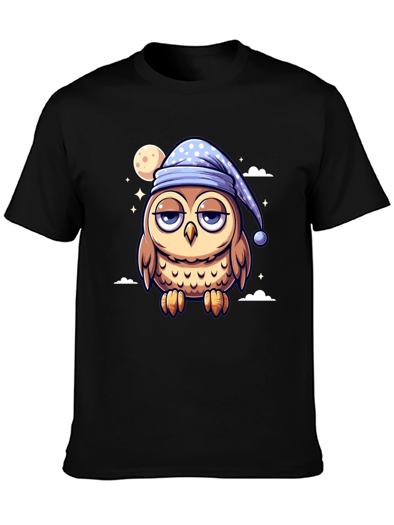 Sleepy Owl Cartoon Black T-Shirt