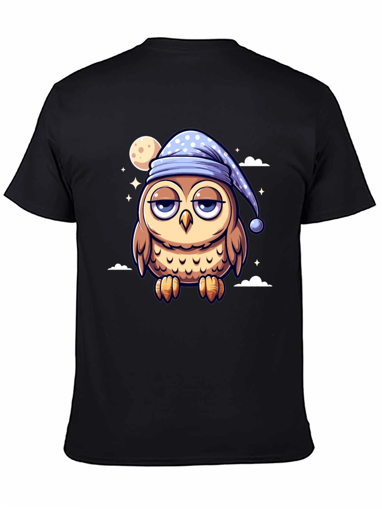 Sleepy Owl Cartoon Black T-Shirt