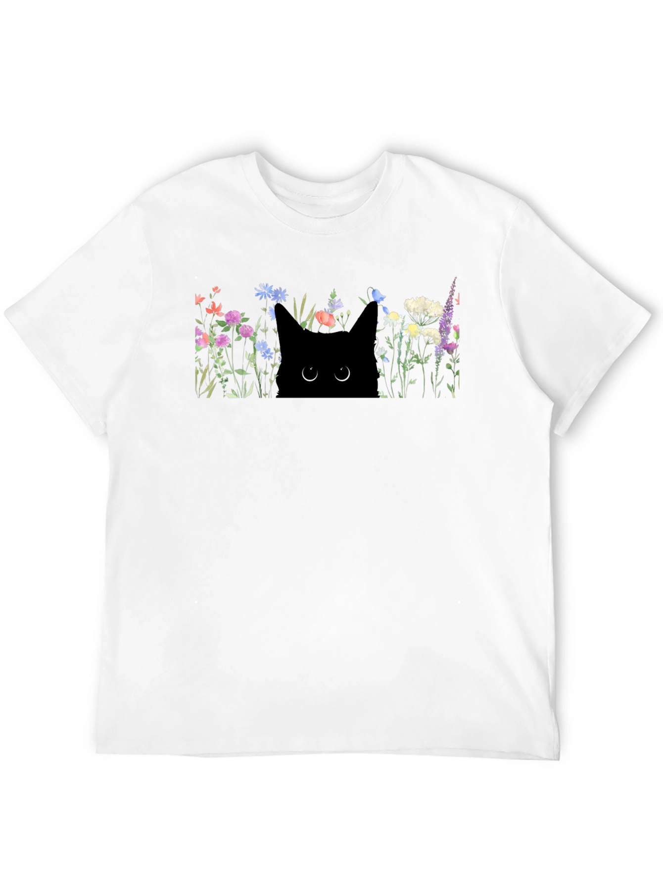 Black Cat in Flowers Graphic T-Shirt