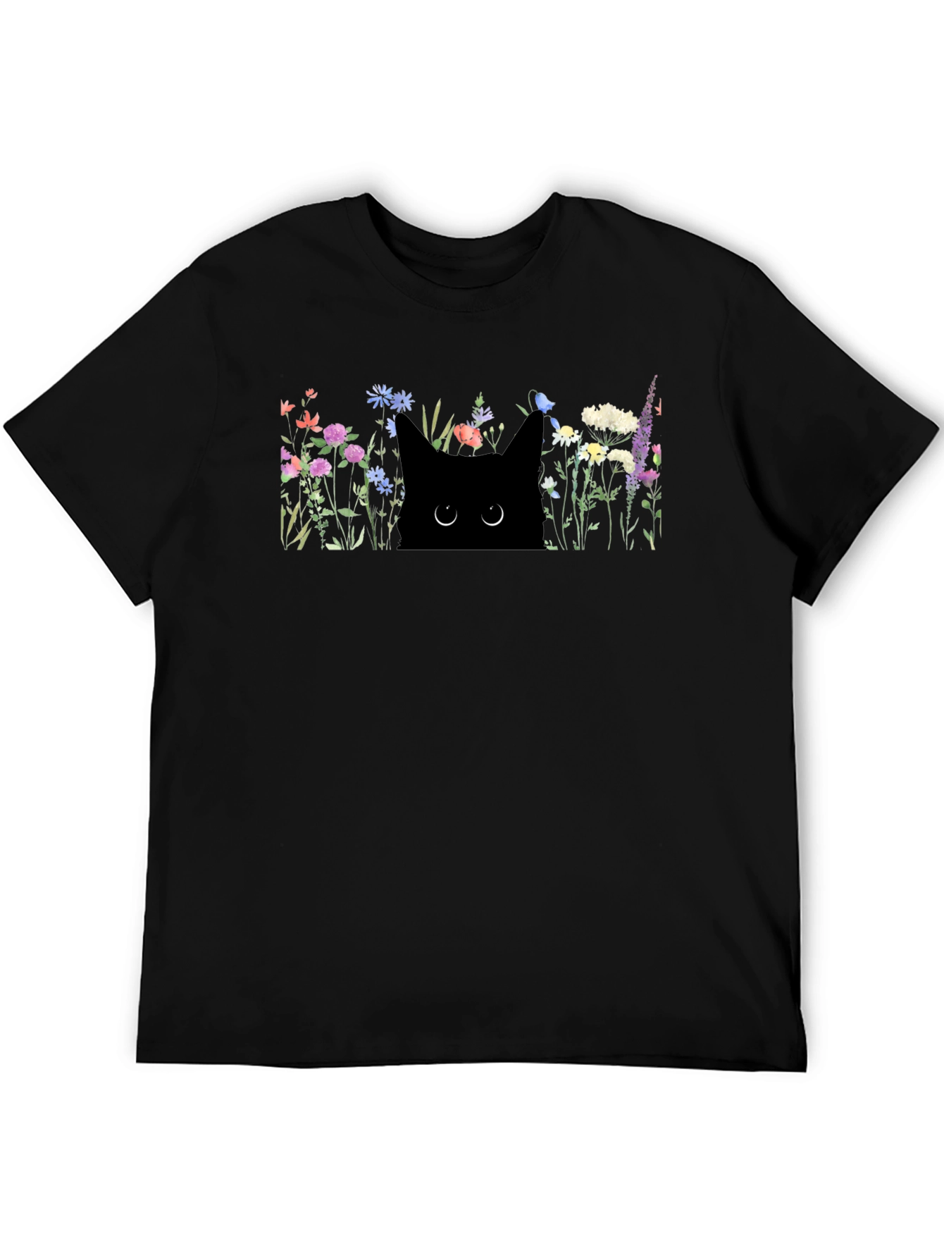 Black Cat in Flowers Graphic T-Shirt