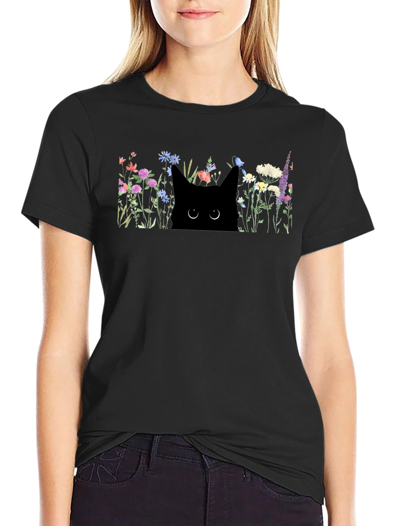 Black Cat in Flowers Graphic T-Shirt