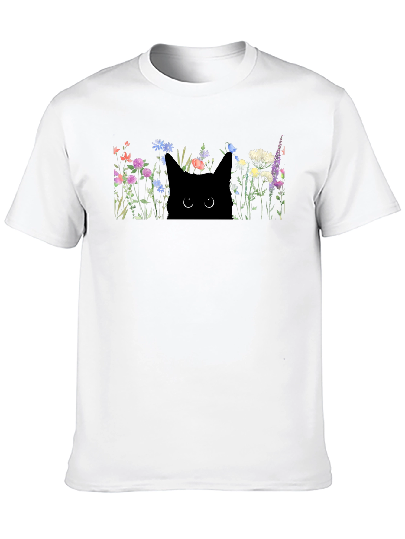 Black Cat in Flowers Graphic T-Shirt