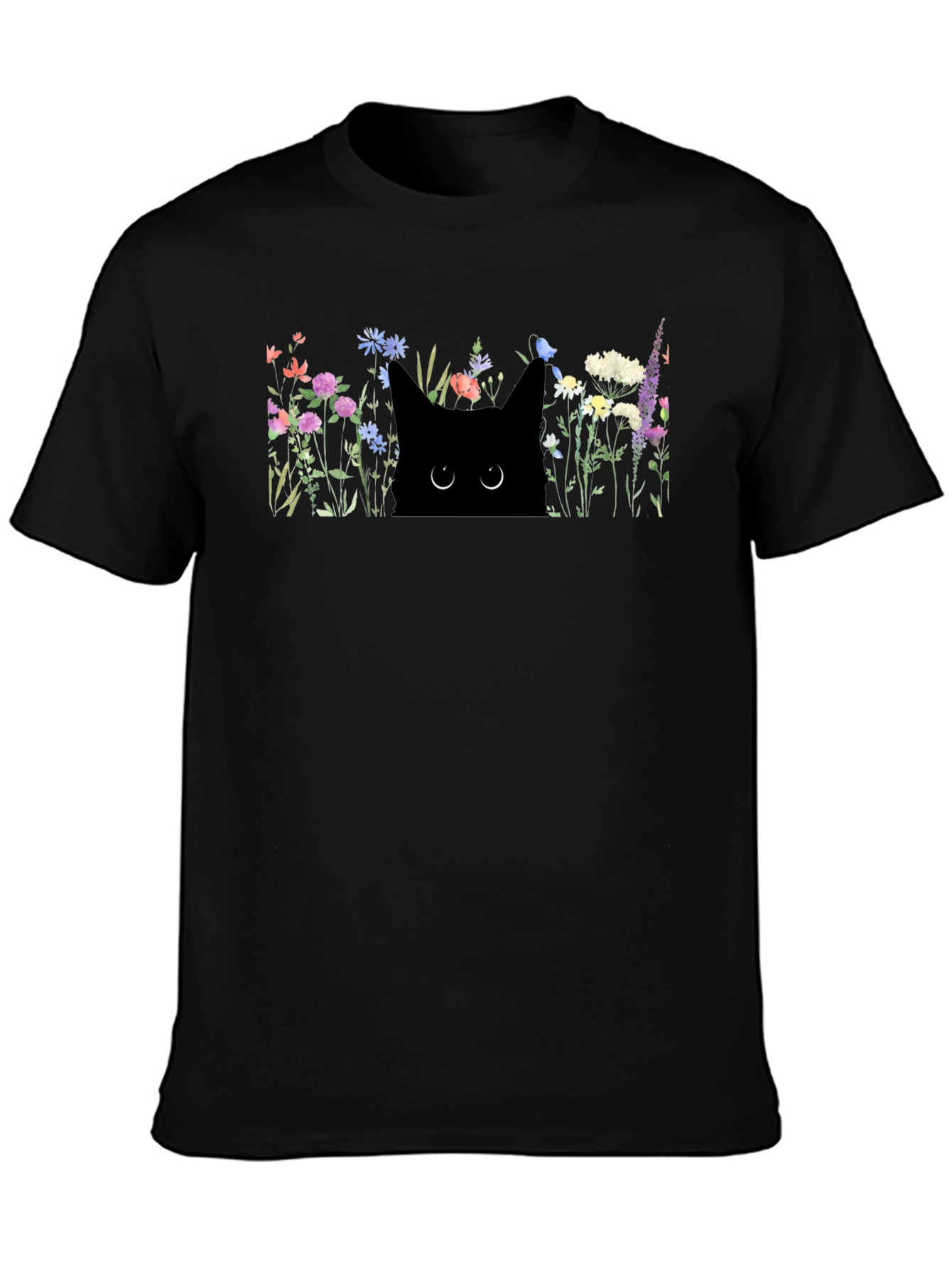Black Cat in Flowers Graphic T-Shirt