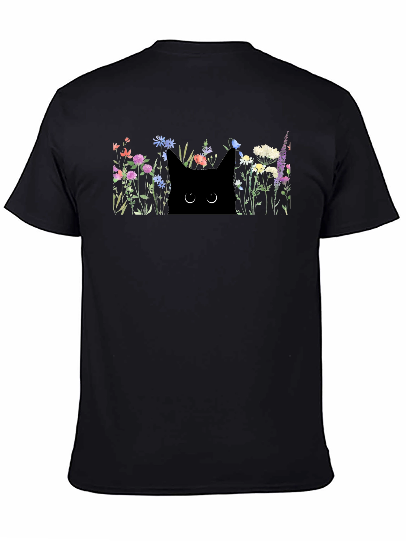 Black Cat in Flowers Graphic T-Shirt