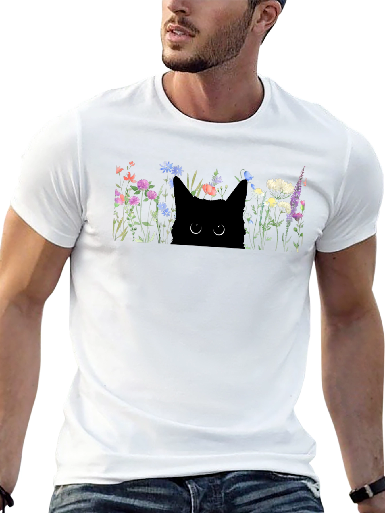 Black Cat in Flowers Graphic T-Shirt