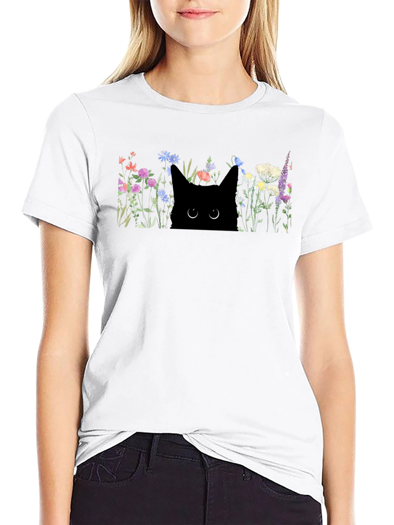 Black Cat in Flowers Graphic T-Shirt