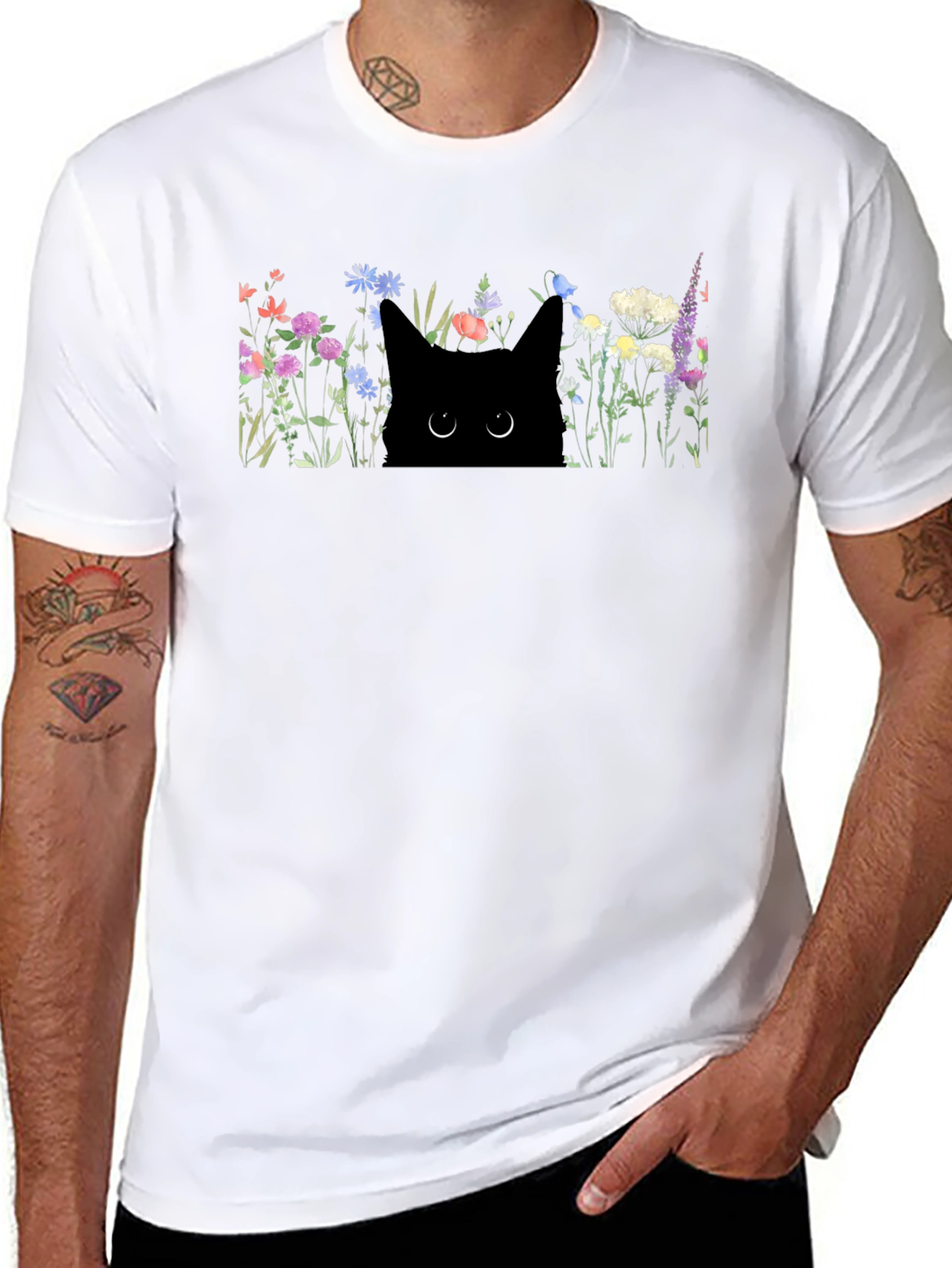 Black Cat in Flowers Graphic T-Shirt