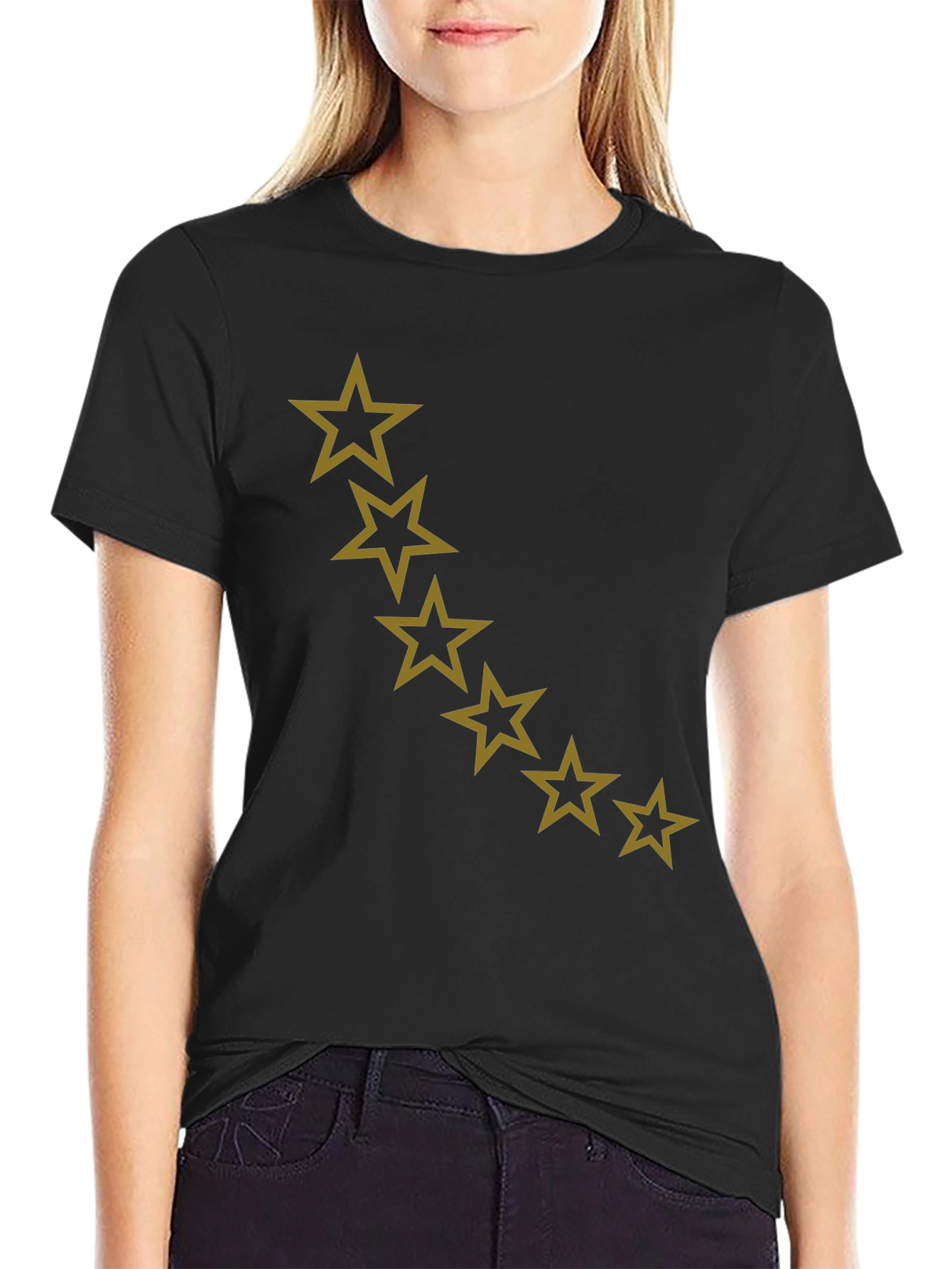 Star Patterned Black Casual T-Shirt