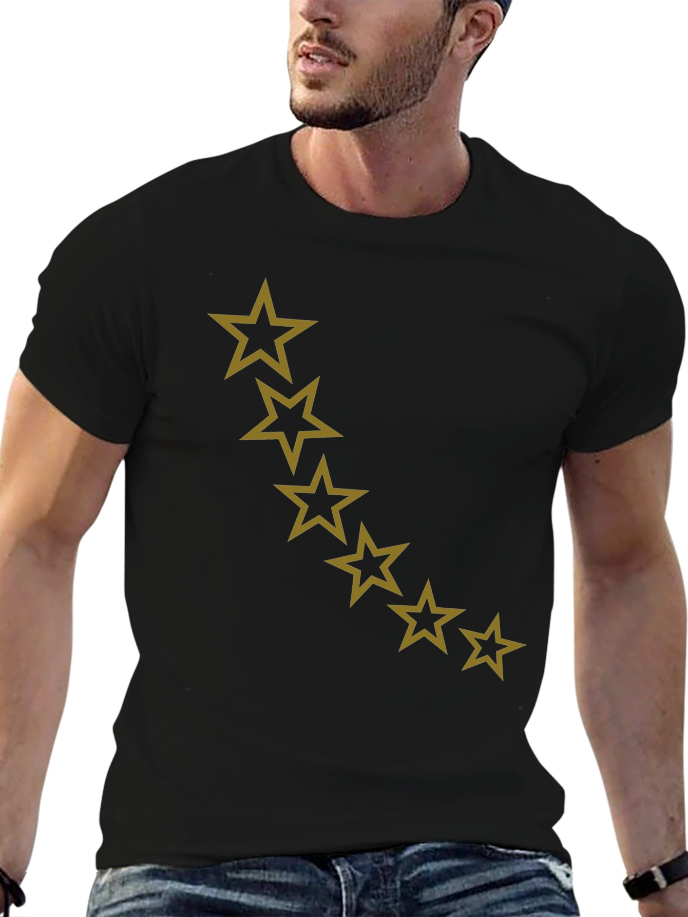 Star Patterned Black Casual T-Shirt