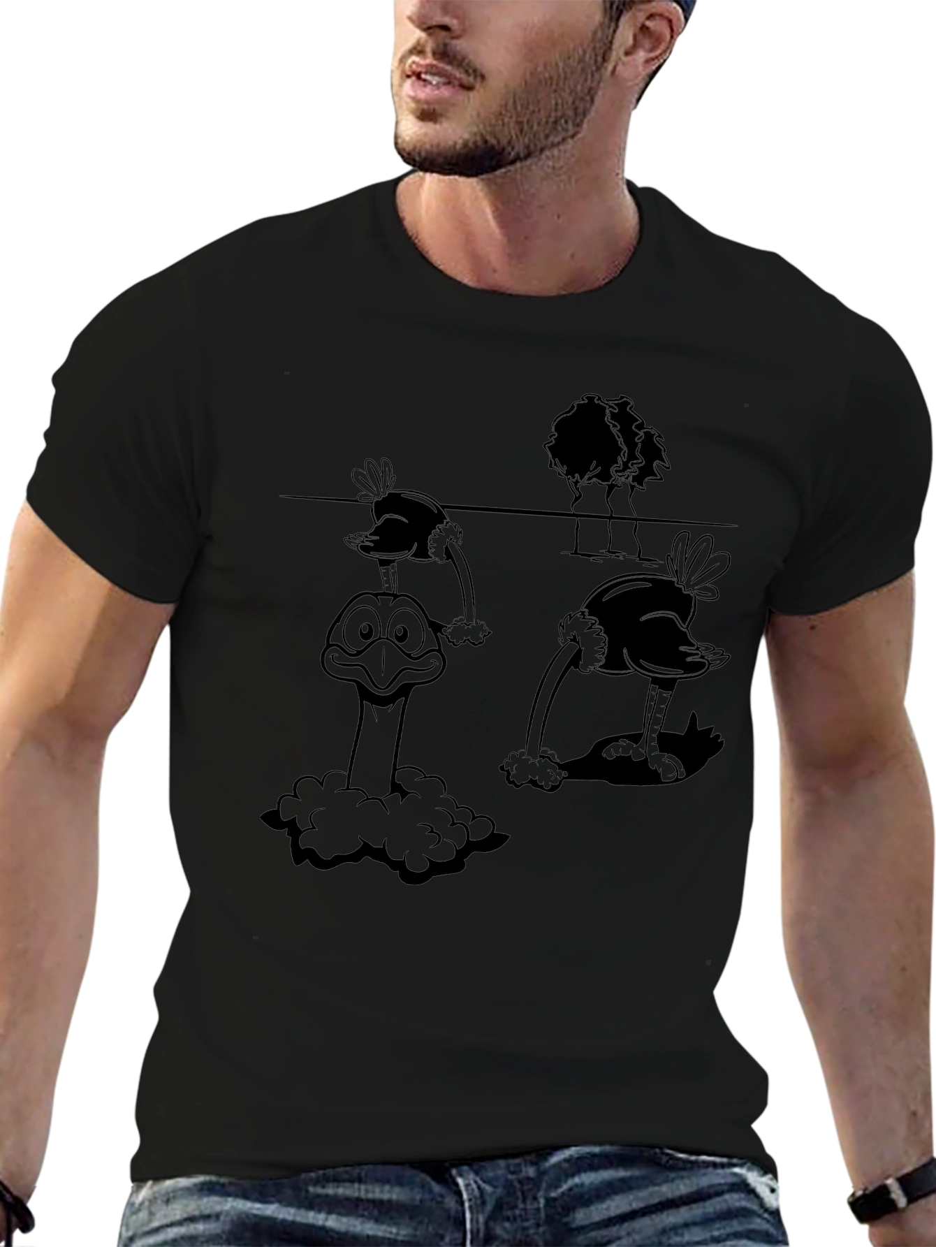 Ostrich Cartoon Graphic Tee - Black
