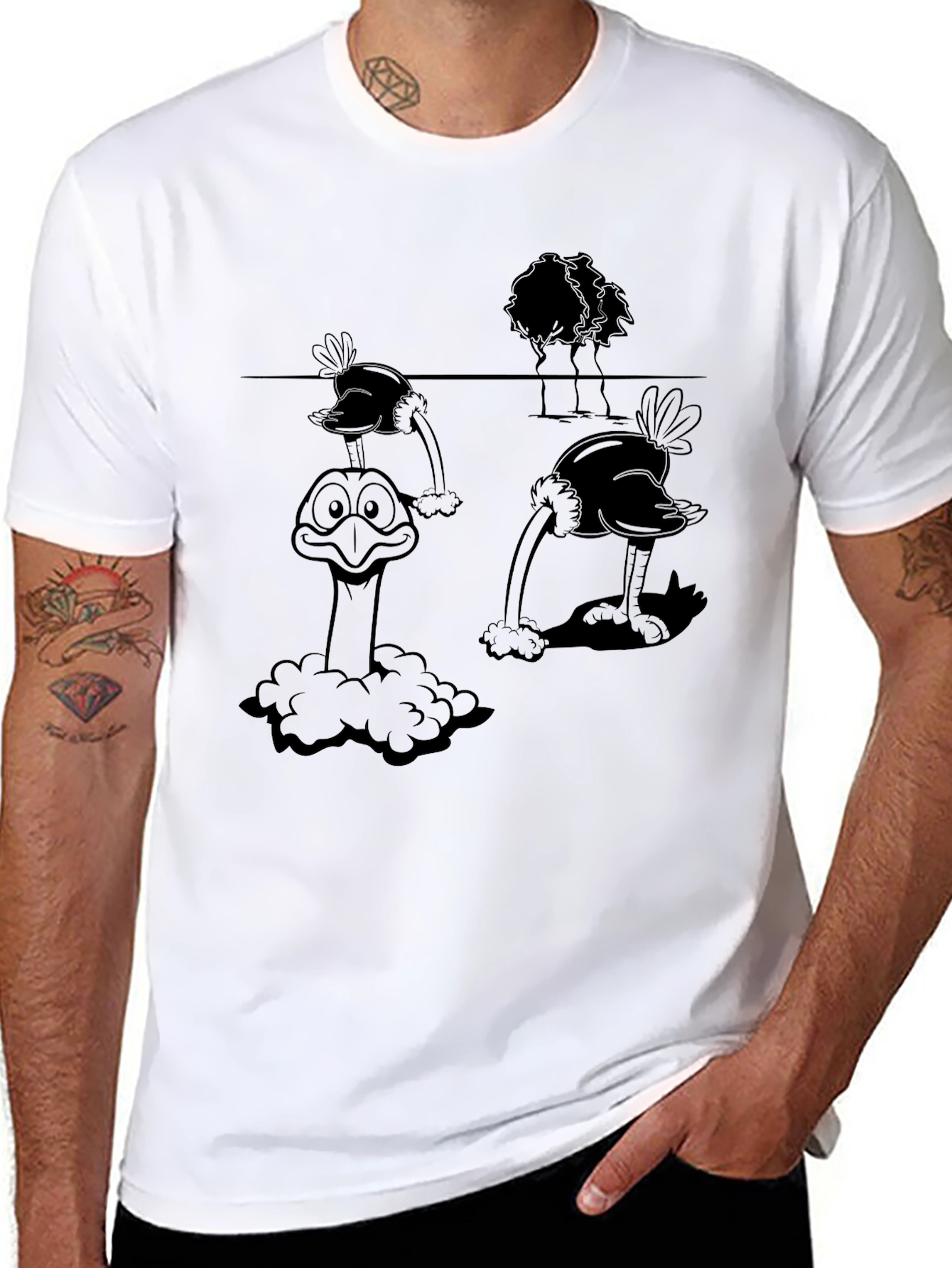 Ostrich Cartoon Graphic Tee - Black