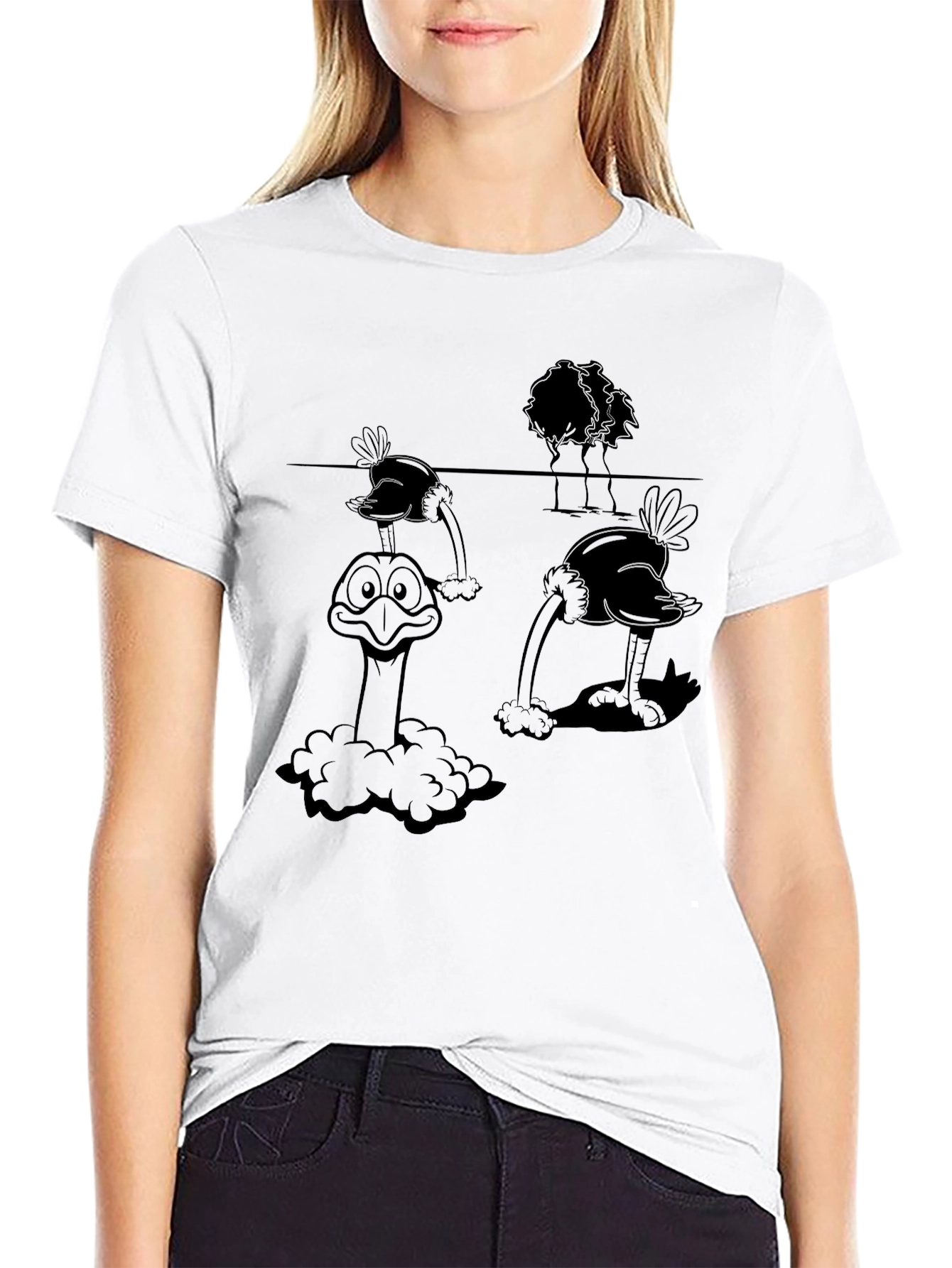 Ostrich Cartoon Graphic Tee - Black