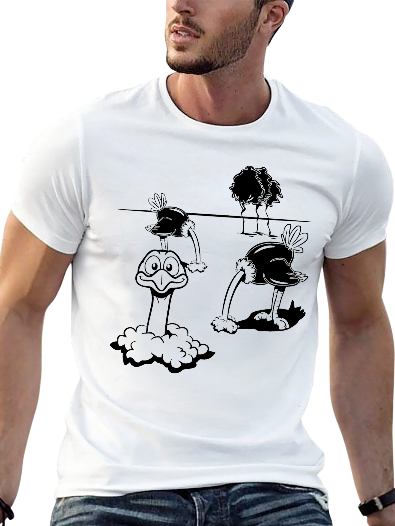 Ostrich Cartoon Graphic Tee - Black