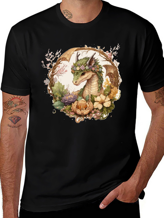 Floral Dragon Graphic Tee - Unique Fantasy Art Shirt