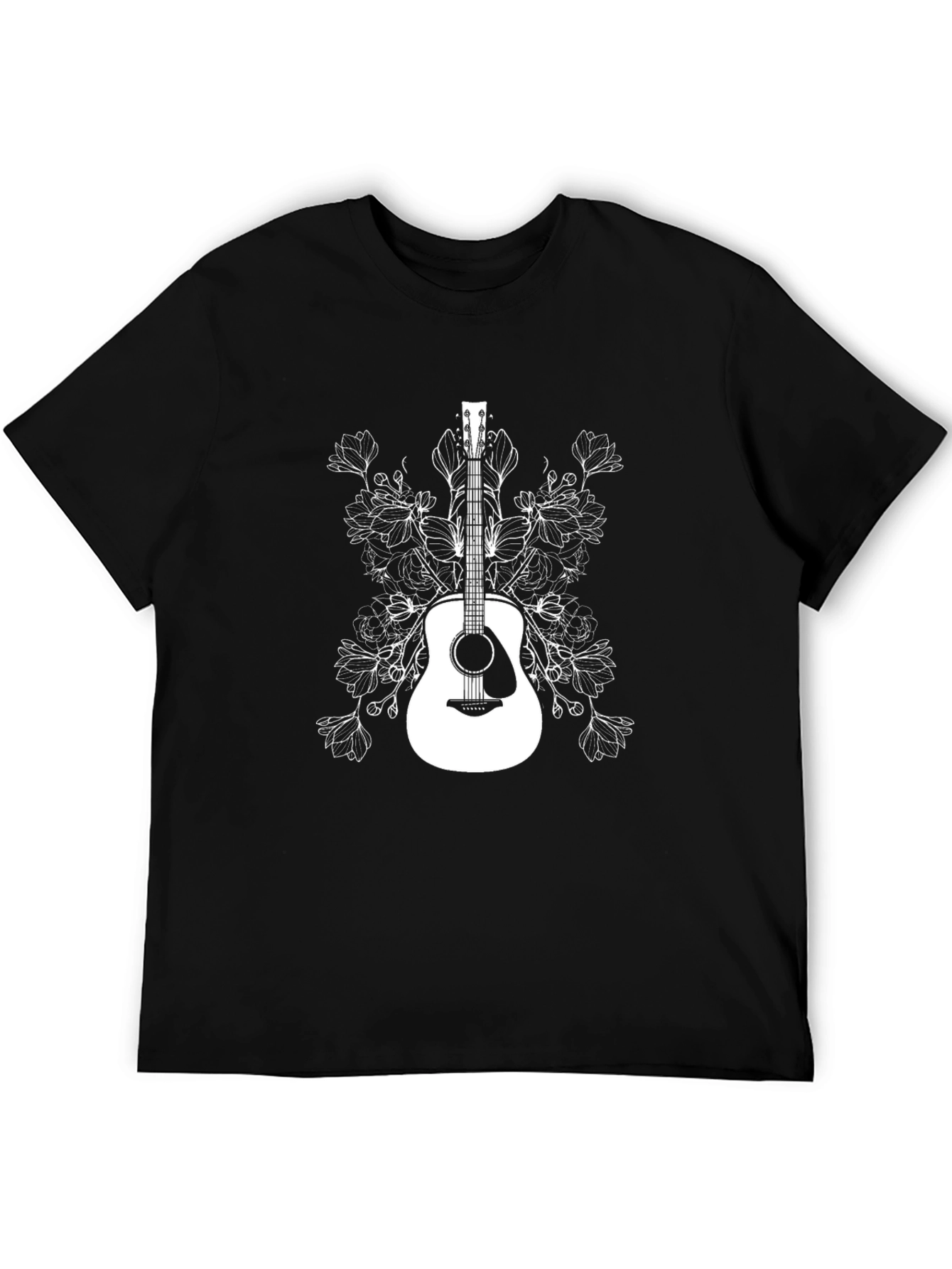 Guitar and Floral Graphic T-Shirt - Black