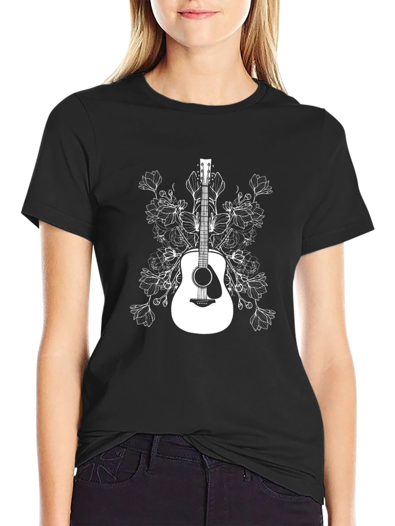 Guitar and Floral Graphic T-Shirt - Black
