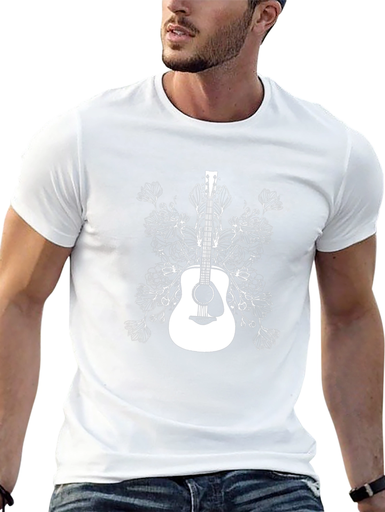Guitar and Floral Graphic T-Shirt - Black