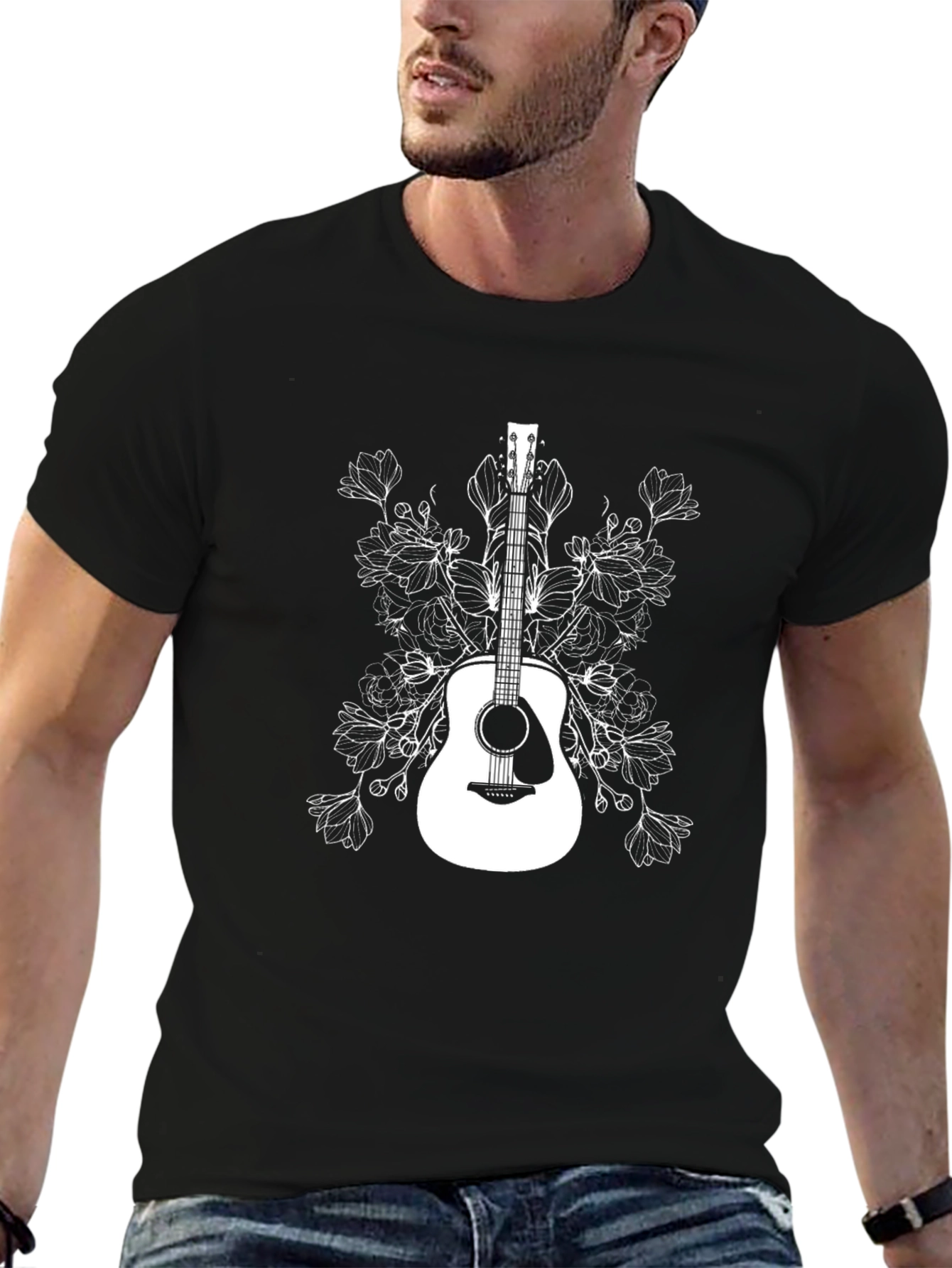 Guitar and Floral Graphic T-Shirt - Black