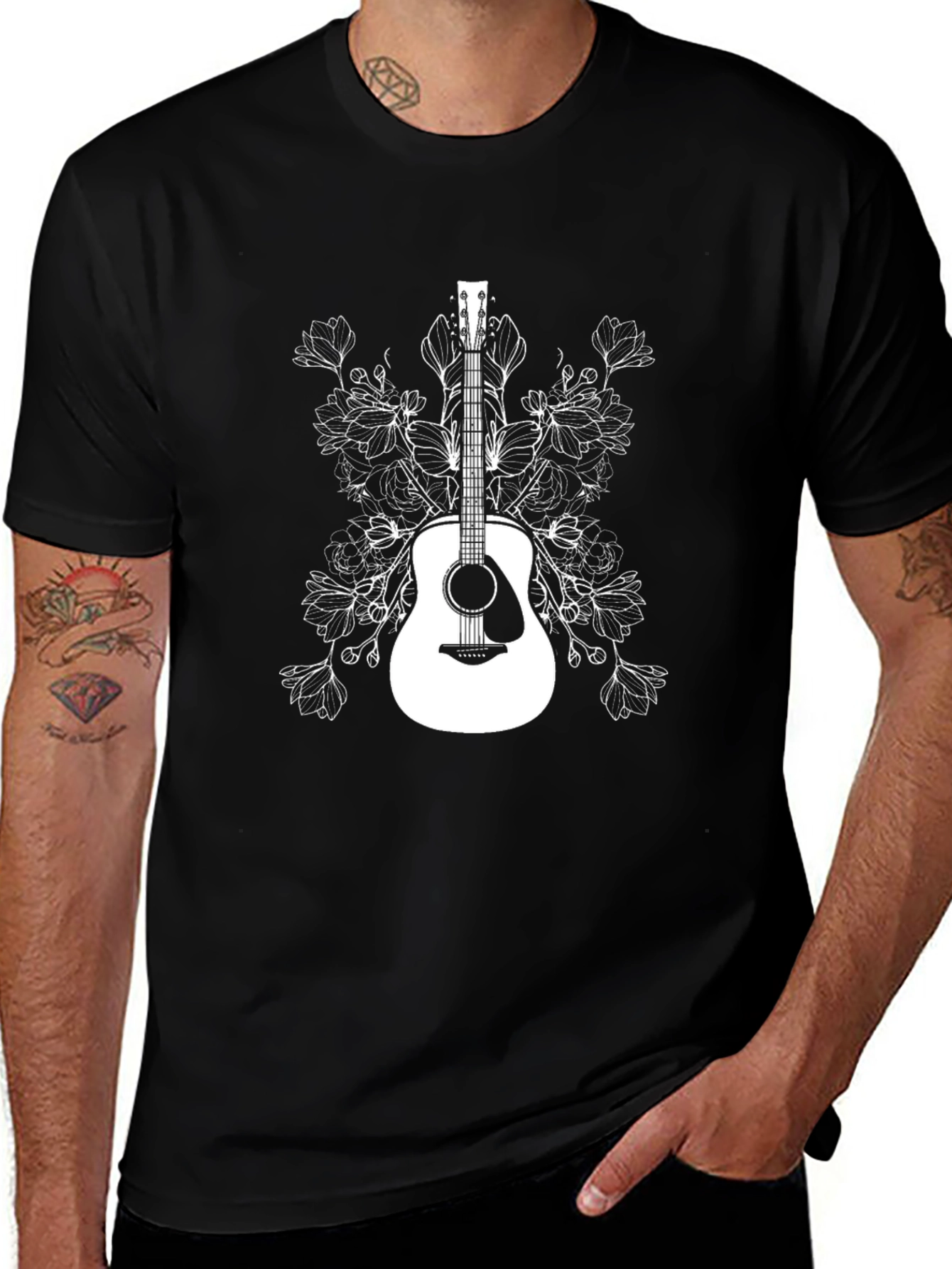 Guitar and Floral Graphic T-Shirt - Black