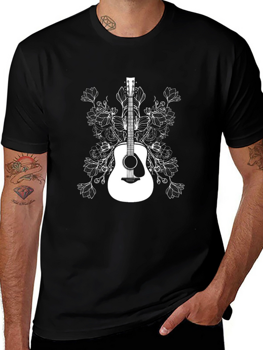 Guitar and Floral Graphic T-Shirt - Black
