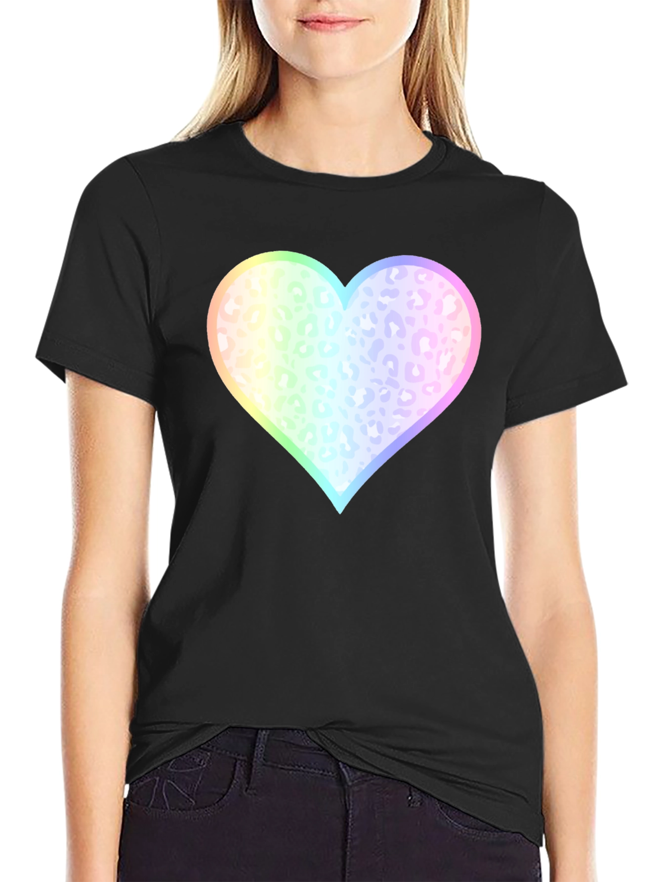 Rainbow Leopard Print Heart T-Shirt - Black
