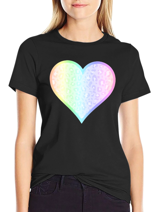 Rainbow Leopard Print Heart T-Shirt - Black