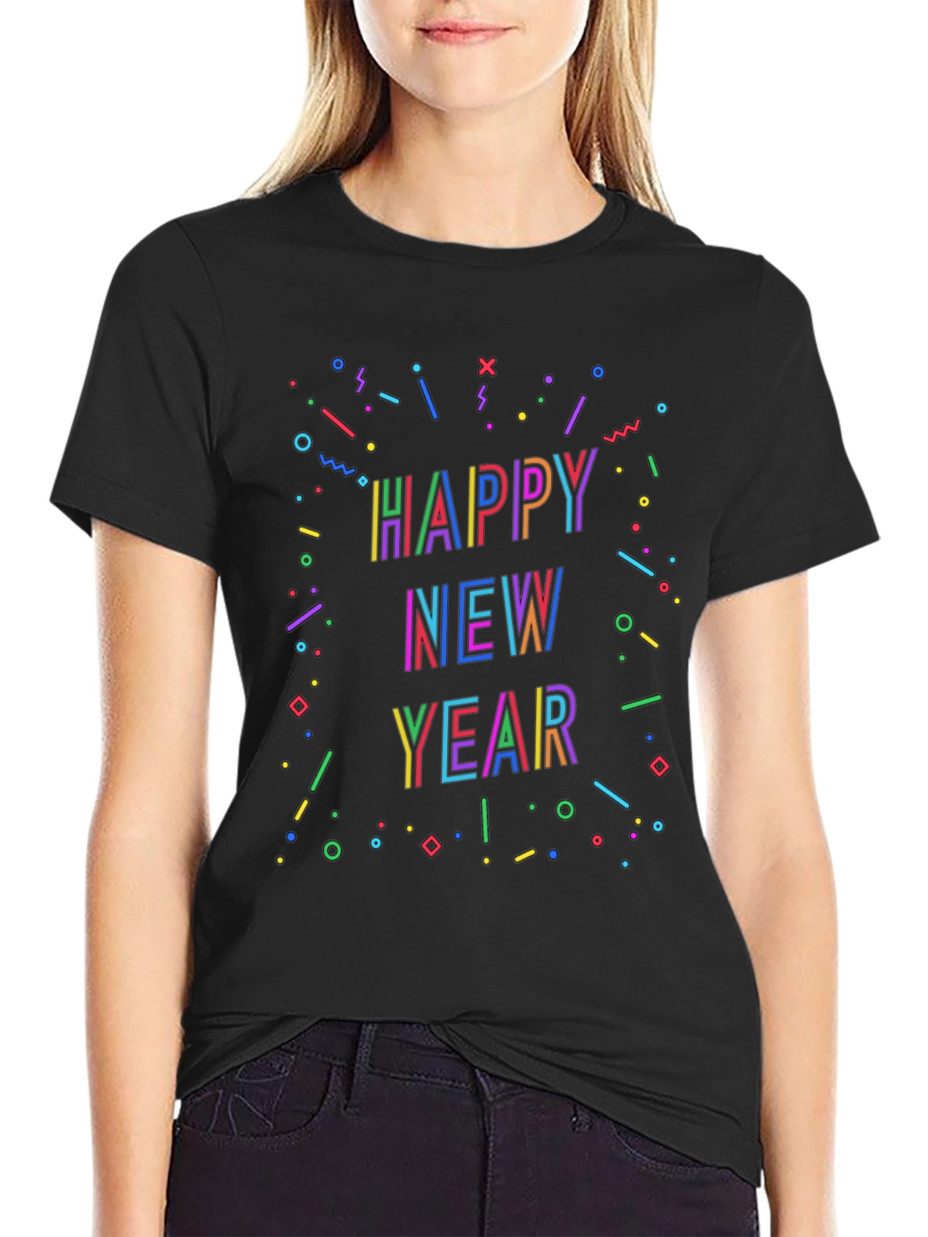 Festive Happy New Year Graphic Black T-Shirt
