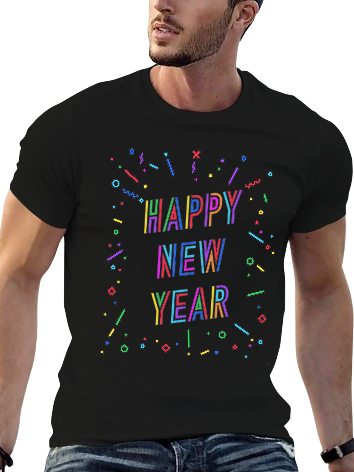 Festive Happy New Year Graphic Black T-Shirt